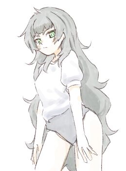 1girl blue_buruma blunt_bangsc blush buruma closed_mouth commentary_request cowboy_shot green_eyes green_hair gym_uniform highres hiyajou_maho long_hair looking_at_viewer messy_hair sadarann science_adventure short_sleeves simple_background solo standing steins;gate steins;gate_0 very_long_hair white_background