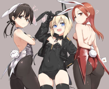 3girls alternate_costume animal_ears ass black_gloves black_jacket black_leotard black_pantyhose black_thighhighs blonde_hair blue_eyes braid breasts brown_eyes brown_hair commentary_request cross erica_hartmann fake_animal_ears feet_out_of_frame gertrud_barkhorn gloves grey_leotard hand_on_own_hip happy hat highres insignia iron_cross jacket leotard long_hair looking_at_viewer looking_back medium_breasts military_hat minna-dietlinde_wilcke multiple_girls navel open_mouth pantyhose playboy_bunny rabbit_ears rabbit_tail red_eyes red_hair red_leotard short_hair single_braid small_breasts smile standing strike_witches tail thighhighs twintails world_witches_series zafuri_(yzrnegy)