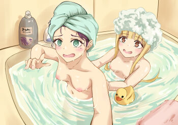 2girls @_@ absurdres blonde_hair breasts cho_kaguya-hime! commentary_request foam green_eyes highres kaguya_(cho_kaguya-hime!) kuroi_f long_hair medium_breasts mole mole_under_eye multiple_girls navel nipples open_mouth sakayori_iroha same-sex_bathing shared_bathing sidelocks towel towel_on_head variant_set yuri