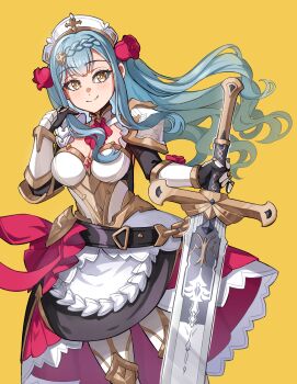 1girl absurdres bang_dream! bang_dream!_it&#039;s_mygo!!!!! black_gloves blue_hair blush braid breasts cleavage closed_mouth commentary cosplay flower genshin_impact gloves hair_flower hair_ornament hat highres junji_17 long_hair medium_breasts noelle_(genshin_impact) noelle_(genshin_impact)_(cosplay) red_flower simple_background solo sword togawa_sakiko two_side_up voice_actor_connection weapon white_hat yellow_background yellow_eyes