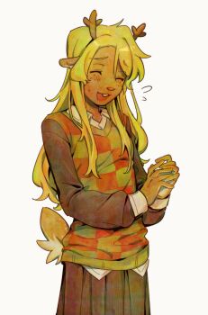 1girl animal_ears antlers black_skirt black_sleeves blonde_hair checkered_sweater_vest closed_eyes collared_shirt commentary cowboy_shot deer_antlers deer_ears deer_tail deltarune english_commentary flying_sweatdrops furry furry_female goomyloid green_sweater_vest highres horns long_hair long_sleeves noelle_holiday open_mouth puffy_long_sleeves puffy_sleeves shirt simple_background skirt smile solo sweater_vest tail utdr_(toby_fox) white_background white_shirt