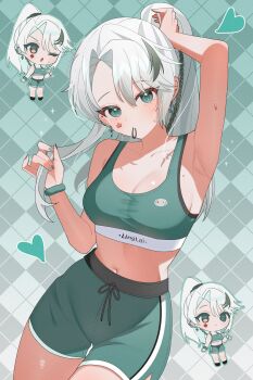 1girl alternate_costume arm_up bare_arms breasts character_request chibi chibi_inset chinese_commentary cleavage clothes_writing collarbone commentary_request commission cowboy_shot curtained_hair green_background green_eyes green_shorts green_sports_bra grey_hair hair_tie_in_mouth hand_up heart highres indie_virtual_youtuber light_blush long_hair looking_at_viewer medium_breasts midriff mouth_hold multicolored_hair multiple_views navel ponytail second-party_source short_shorts shorts shusuchii solo_focus sports_bra sweat virtual_youtuber white_hair
