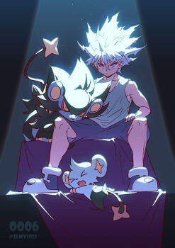 1boy bare_arms commentary_request evolution evolutionary_line gen_4_pokemon hair_between_eyes hunter_x_hunter kariki_hajime killua_zoldyck looking_at_viewer luxray male_focus nintendo pokemon pokemon_(creature) shinx shirt shorts sitting solo spiked_hair spotlight stage stage_lights