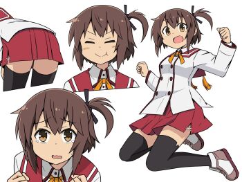 Rule 34 | 1girl, :d, ass, black thighhighs, blush, breasts, brown eyes, brown hair, brown shoes, clenched hands, closed eyes, closed mouth, collared shirt, etou kanami, full body, furrowed brow, hair between eyes, highres, jumping, kazuemon, long sleeves, looking at viewer, medium breasts, miniskirt, minoseki gakuin uniform, multiple views, one side up, open mouth, orange ribbon, pleated skirt, red sailor collar, red skirt, ribbon, sailor collar, school uniform, shirt, shoes, short hair, simple background, skirt, smile, tearing up, thighhighs, toji no miko, wavy mouth, white background, white shirt, winter uniform, zettai ryouiki