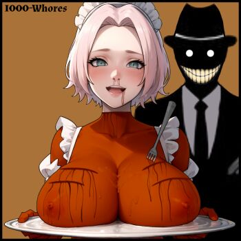 1girl breasts cannibalism cooked corpse guro haruno_sakura large_breasts looking_at_viewer murdered