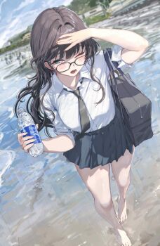 1girl akasaai bag bare_legs barefoot black-framed_eyewear black_bag black_necktie blue_eyes blue_skirt blurry blurry_background bottle breasts brown_hair building cloud full_body hair_intakes highres holding holding_bottle long_hair medium_breasts necktie one_eye_closed open_mouth original outdoors pleated_skirt sand scenery school_bag shading_eyes shirt skirt sky sleeves_rolled_up solo standing water water_bottle white_shirt