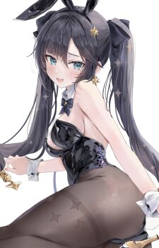 1girl alternate_costume animal_ears aqua_eyes bare_shoulders black_bow black_bowtie black_hair black_leotard bow bowtie brown_pantyhose detached_collar fake_animal_ears genshin_impact hair_ornament highres leotard long_hair maruro mona_(genshin_impact) open_mouth pantyhose playboy_bunny rabbit_ears simple_background smile solo twintails white_background