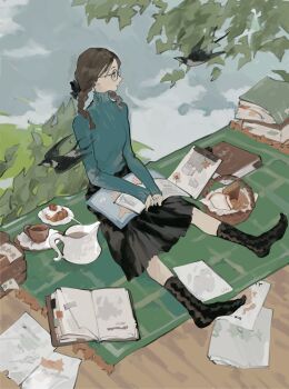 1girl aqua_sweater bird black_skirt black_socks book braid brown_hair cake cup day food full_body glasses highres long_hair long_sleeves no_shoes open_book original outdoors picnic picnic_basket picnic_blanket sitting skirt socks sugarlisu swallow_(bird) sweater teacup turtleneck turtleneck_sweater twin_braids