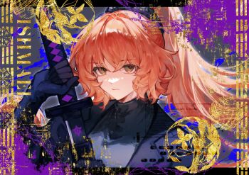 1girl black_coat black_gloves breasts character_name closed_mouth coat gloves high_ponytail highres holding holding_sword holding_weapon ishmael_(project_moon) jeong's_office_(identity)_(project_moon) light_frown limbus_company long_hair looking_at_viewer orange_eyes orange_hair ponytail project_moon solo sword turtleneck weapon yuemiao