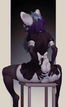 1boy absurdres animal_ears ass black_dress black_gloves blush bow commentary dress elbow_gloves english_commentary feet_out_of_frame from_behind furry furry_male gloves highres long_hair maid original pita-potato puffy_short_sleeves puffy_sleeves purple_hair sheep_boy sheep_ears sheep_tail short_sleeves sitting solo spreading_own_anus stool tail testicles white_background white_bow