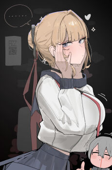 ... 1boy 1girl alternate_costume azz0422 black_choker blonde_hair blue_eyes blue_skirt blush breasts choker commentary evelyn_chevalier full-face_blush grey_hair hair_up hands_on_own_cheeks hands_on_own_face highres large_breasts looking_at_viewer neckerchief red_neckerchief school_uniform serafuku shirt skirt solo_focus sparkle spoken_ellipsis symbol-only_commentary thumbs_up upper_body white_shirt wise_(zenless_zone_zero) zenless_zone_zero