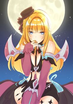 1girl adapted_costume arch_bishop_(ragnarok_online) bikini bikini_top_only black_bikini black_bow black_hat black_shorts blonde_hair blue_eyes blush bow breasts closed_mouth commentary_request detached_sleeves feet_out_of_frame full_moon hat hat_bow highres large_breasts long_hair looking_at_viewer moon purple_sleeves ragnarok_masters ragnarok_online sakuraji_tomoka shorts sitting solo swimsuit umapyoi_densetsu