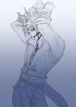 1boy animal_ears armor arms_up ball_gag bdsm belt bondage bound bound_arms character_request chinese_commentary circlet collared_shirt commentary_request cong_jiantian_kaishi_kulian_shanbi cowboy_shot dragon_boy dragon_ears dragon_horns dragon_tail faulds gag gradient_background grey_background greyscale highres horns infinity_nikki long_sleeves looking_at_viewer male_focus monochrome nikki_(series) pants parted_bangs shirt simple_background solo standing studded_belt tail