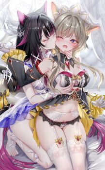 2girls ;o animal_ears biting biting_cheek black_hair blue_eyes blush breasts cat_ears closed_eyes columbina_(genshin_impact) commentary_request detached_sleeves garter_belt genshin_impact gloves grey_hair highres kneeling large_breasts long_hair long_sleeves multicolored_hair multiple_girls navel one_eye_closed open_mouth paid_reward_available panties pottsness purple_hair sandrone_(genshin_impact) stomach streaked_hair thighhighs thighs toes twitter_username underwear very_long_hair white_garter_belt white_gloves white_thighhighs yuri