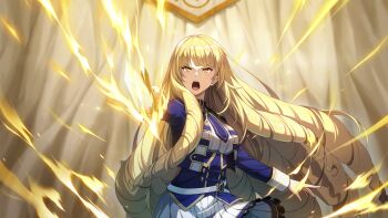 Rule 34 | 1girl, aura, belt, blonde hair, blue corset, blue jacket, blue necktie, blunt bangs, collared jacket, collared shirt, corset, cropped jacket, drill hair, frilled skirt, frills, game cg, gold trim, highres, holding, holding sword, holding weapon, jacket, kage no jitsuryokusha ni naritakute!, kage no jitsuryokusha ni naritakute! master of garden, long hair, long sleeves, midgar academy school uniform, miniskirt, necktie, non-web source, o-ring, o-ring belt, open clothes, open jacket, open mouth, pleated skirt, pointing melee weapon, pointing sword, ribbed shirt, rose oriana, school uniform, shirt, short necktie, skirt, sleeve cuffs, solo, standing, straight-on, sword, teeth, underbust, upper teeth only, v-shaped eyebrows, very long hair, weapon, white belt, white shirt, white skirt, yellow eyes