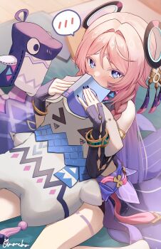 1girl absurdres amaneko_(amaneko_y) bare_shoulders blue_eyes blush book bracelet braid citlali_(genshin_impact) commentary_request covering_own_mouth detached_sleeves doll floating_headgear from_above genshin_impact hair_intakes highres holding holding_book holding_doll jewelry long_hair looking_at_viewer looking_up nail_polish pink_hair purple_nails sitting solo spoken_blush wariza