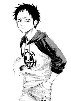 1boy 53_(kanimisomrmr) closed_mouth frown greyscale hands_in_pockets hat highres hood hood_down looking_at_viewer male_focus monochrome one_piece short_hair sideburns simple_background solo trafalgar_law white_background