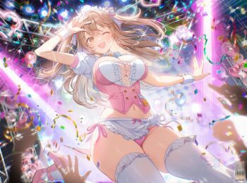 1girl apron blush bow breasts brown_eyes brown_hair cleavage commentary_request ekm frills girls'_frontline girls'_frontline_2:_exilium idol k2_(girls'_frontline) large_breasts long_hair looking_at_viewer navel official_alternate_costume one_eye_closed panties pink_bow pink_panties puffy_short_sleeves puffy_sleeves short_sleeves side-tie_panties smile solo_focus standing thighhighs underwear white_apron white_thighhighs white_wrist_cuffs wrist_cuffs yoohee_(girls'_frontline_2) yoohee_(miracle_sweetheart)_(girls'_frontline_2)