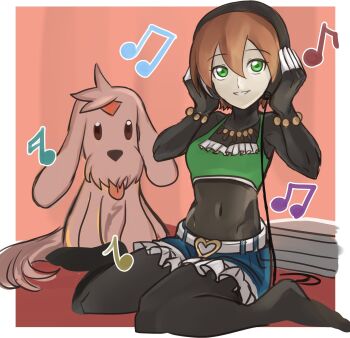 1girl aile_(mega_man_zx) black_bodysuit blue_shorts bodysuit border breasts brown_hair covered_navel cropped_shirt dog full_body green_eyes green_shirt highres kneeling mega_man_(series) mega_man_zx musical_note official_alternate_costume pink_background raica_(khongbautroi) shirt short_hair shorts simple_background white_border