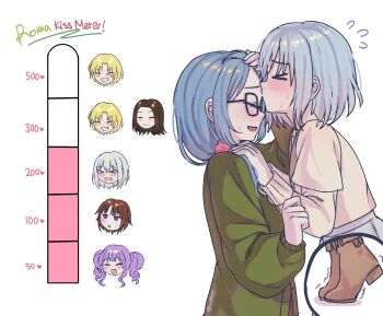 &gt;_&lt; 6+girls absurdres asahi_rokka bang_dream! blonde_hair blue_hair blush bluumi brown_hair brown_shoes cardigan commentary english_commentary english_text fang flying_sweatdrops glasses green_cardigan grey_hair grin heart highres kiss kiss_meter_(meme) kissing_forehead kurata_mashiro long_hair luvechaee meme multiple_girls open_mouth purple_eyes purple_hair sato_masuki shirt shoes short_hair smile sweat swimsuit tiptoes toyama_asuka twintails udagawa_ako wakana_rei white_background yellow_shirt yuri