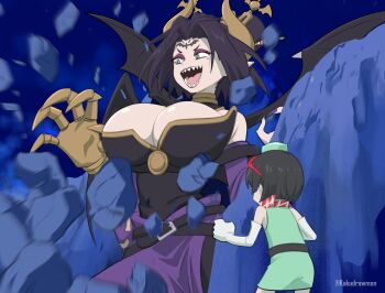 2girls aged_down bare_shoulders black_wings breasts cleavage debris demon_girl demon_horns demon_wings detached_sleeves digimon digimon_adventure digimon_story:_time_stranger dress elbow_gloves eyeshadow fake_screenshot giant giantess gloves green_dress hair_bun highres horns kakudrawmon large_breasts lilithmon makeup mole mole_under_eye multiple_girls parody pun purple_eyeshadow purple_lips purple_skirt purple_sleeves scene_reference sharp_teeth short_hair skirt solo_focus strapless_bodysuit teeth wide_hips wings yellow_horns yuuki_kanan