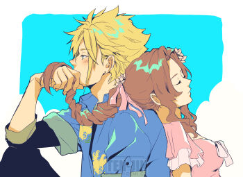 1boy 1girl aerith_gainsborough aerith_gainsborough_(floral_delight) aqua_background back-to-back black_pants black_shirt blonde_hair blue_shirt blush border braid braided_ponytail breasts closed_eyes cloud_strife cloud_strife_(ocean_chocobo) costa_del_sol couple demi_co earrings final_fantasy final_fantasy_vii final_fantasy_vii_rebirth final_fantasy_vii_remake flower hair_flower hair_ornament hair_ribbon hand_in_another&#039;s_hair hawaiian_shirt hetero highres jewelry long_hair medium_breasts official_alternate_costume pants parted_bangs pink_flower pink_ribbon pink_shirt print_shirt ribbon shirt shirt_under_shirt short_hair sidelocks single_braid single_earring spiked_hair upper_body white_border