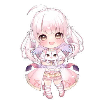 1girl :d ahoge animal blush braid brown_eyes cat chibi chitetan commentary_request copyright_request crown_braid dotted_line double_bun frilled_skirt frills full_body hair_bun halo heart long_hair looking_at_viewer open_mouth pink_hair pink_sailor_collar pink_shoes pink_skirt puffy_short_sleeves puffy_sleeves sailor_collar shirt shoes short_sleeves simple_background skirt smile socks solo standing standing_on_one_leg very_long_hair virtual_youtuber watermark white_background white_cat white_shirt white_socks white_wings wings