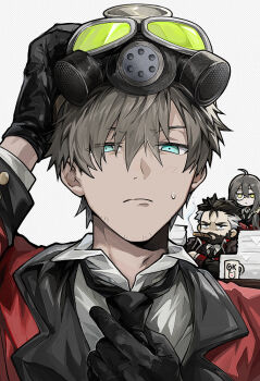 1girl 2boys adjusting_clothes adjusting_necktie aqua_eyes beard berezovich_kryuger_(girls'_frontline) black_gloves black_hair black_necktie cigar closed_mouth coat collared_shirt commander_(girls'_frontline) commentary cup english_commentary facial_hair gas_mask girls'_frontline gloves griffin_&amp;_kryuger_military_uniform helianthus_(girls'_frontline) honi_(ohohoni) long_hair looking_at_viewer mask mug multicolored_hair multiple_boys necktie paper_stack print_mug red_coat shirt short_hair simple_background smoking sweatdrop two-tone_hair white_hair white_shirt