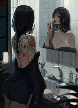 1girl back_tattoo bare_shoulders bathroom black_choker black_hair bottle choker commentary english_commentary faucet highres jewelry lipstick long_hair makeup mirror necklace neo_(neorarty3) off_shoulder original reflection sink solo standing tattoo toothbrush
