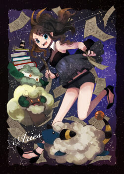 10s 1girl bare_shoulders blue_eyes book bracelet brown_hair buzz_(moi) cottonee gen_2_pokemon gen_5_pokemon hair_ornament hairclip high_heels hilda_(pokemon) inkwell jewelry long_hair mareep necktie nintendo open_mouth pages pokemon pokemon_(creature) pokemon_bw ponytail quill sheep shoes short_shorts shorts sleeveless smile star_(sky) star_(symbol) whimsicott