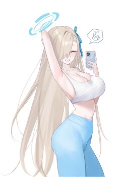 1girl absurdres armpits asuna_(blue_archive) bare_shoulders blonde_hair blue_archive blue_halo blue_pants blush breasts cellphone chico_(51m741) cleavage closed_eyes collarbone commentary covered_groin grin hair_over_one_eye halo highres holding holding_phone large_breasts long_hair mole mole_on_breast navel pants phone selfie shirt skin_tight skindentation smartphone smile solo spoken_v symbol-only_commentary tank_top very_long_hair white_shirt
