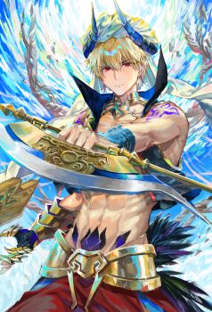 Rule 34 | 1boy, absurdres, axe, battle axe, blonde hair, blue vest, earrings, fate/grand order, fate (series), gauntlets, gilgamesh, gilgamesh (caster) (fate), gilgamesh (fate), highres, holding, holding axe, jewelry, male focus, red eyes, short hair, single gauntlet, tattoo, turban, upper body, user fxnj7355, vest, weapon, white turban