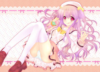 1girl :q banana casual commentary_request food fruit full_body green_panties hair_bobbles hair_ornament hat ice_cream ice_cream_cone leaning_back legs legs_up looking_at_viewer original panties pantyshot photoshop_(medium) pocky polka_dot polka_dot_background ponton purple_eyes purple_hair shoes sitting solo spoon striped_clothes striped_panties tareme thighhighs tongue tongue_out top_of_moe_2013 twintails underwear waffle_cone white_panties white_thighhighs