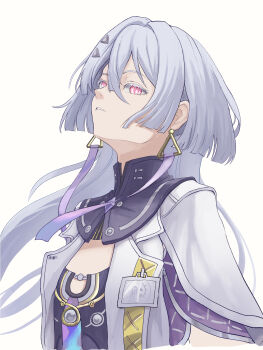 Rule 34 | 1girl, absurdres, chucky (chucky1000sun), colored eyelashes, commentary request, earrings, grey hair, hair between eyes, hair ornament, highres, id card, jacket, jewelry, long hair, looking at viewer, mornye (wuthering waves), parted lips, red eyes, simple background, solo, triangle earrings, upper body, white background, white eyelashes, white jacket, wuthering waves