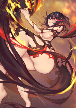 10s 1girl ass barefoot black_hair breasts burning death evan_yang female_focus fire highres kill_la_kill large_breasts matoi_ryuuko multicolored_hair senketsu short_hair solo spoilers tears thighhighs thighs torn_clothes torn_thighhighs underboob