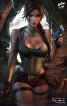 1girl absurdres artist_name bandaged_arm bandages bare_shoulders belt braid breasts brown_eyes brown_hair brown_shorts buckle curvy dirty english_text female_focus finger_on_trigger fingerless_gloves gloves green_one-piece_swimsuit gun handgun highleg highleg_one-piece_swimsuit highres holding holding_gun holding_weapon injury jewelry lara_croft large_breasts lips logan_cure long_hair necklace one-piece_swimsuit parted_lips pistol ponytail realistic shiny_skin short_shorts shorts single_braid solo swimsuit swimsuit_under_clothes tomb_raider tomb_raider_(reboot) wading watermark weapon web_address wide_hips