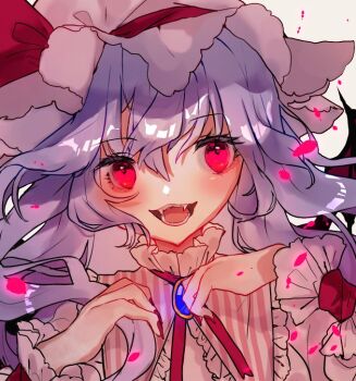 1girl brooch commentary_request hat jewelry long_hair looking_at_viewer mob_cap open_mouth pink_shirt purple_hair red_eyes red_wings remilia_scarlet shinjitsu_no_kuchi shirt smile solo striped_clothes striped_shirt touhou upper_body vertical-striped_clothes vertical-striped_shirt white_background white_hat wings