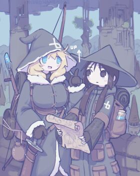 2girls absurdres annoyed armor artist_name backpack bag bedroll black_eyes black_hair blonde_hair blue_eyes bow canteen chainmail chito_(shoujo_shuumatsu_ryokou) cloak coat crossover frying_pan fur_trim green_coat hat highres holding holding_map insignia kurohanenone low_twintails mage_staff map megastructure mountainous_horizon multiple_girls outdoors pillar pocket pointing potion shoujo_shuumatsu_ryokou smile staff sword tower tower_dungeon tree twintails weapon witch witch_hat yuuri_(shoujo_shuumatsu_ryokou)