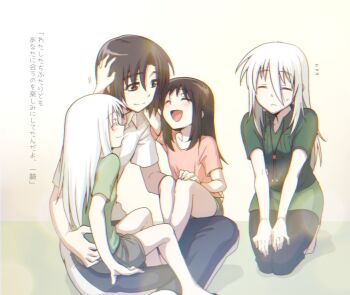 Rule 34 | 2boys, 2girls, black hair, black pants, brother and sister, closed eyes, commentary request, green shirt, green skirt, hair between eyes, long hair, looking at another, makabe kazuki, minashiro kaguya, minashiro sakuya, multiple boys, multiple girls, nagi (exsit00), pants, parted bangs, pink shirt, shirt, short hair, short sleeves, shorts, siblings, sitting, sitting on lap, sitting on person, skirt, smile, soukyuu no fafner, tatekami seri, trap, twins, white hair, white shirt