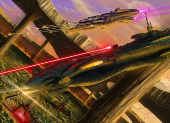 bomb burobu-kun commentary_request explosive flying flying_saucer gun highres itano_circus laser light machine mecha no_humans planet retro_artstyle robot rocket_ship science_fiction sky space_shuttle spacecraft spoilers star_(sky) starfighter uchuu_senkan_yamato vehicle_focus weapon yamato_(uchuu_senkan_yamato)