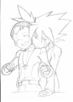 2boys blush capcom child geo_stelar_(mega_man) goggles heriyama hug laughing mega_man_(series) mega_man_star_force mega_man_star_force_(series) multiple_boys simple_background sketch smile tickling white_background yaoi