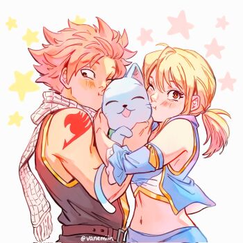 1boy 1girl artist_name bare_shoulders belt black_coat blonde_hair blue_cat blue_sleeves blue_vest brown_belt brown_eyes cat closed_eyes coat commentary crop_top cropped_vest detached_sleeves english_commentary fairy_tail group_hug happy_(fairy_tail) highres hug lucy_heartfilia medium_hair midriff natsu_dragneel navel one_eye_closed pink_hair scarf short_hair shoulder_tattoo star_(symbol) star_symbol_background tattoo twitter_username upper_body vanemiin vest white_background white_scarf