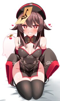 1girl absurdres bare_shoulders black_dress black_hat black_thighhighs boo_tao_(genshin_impact) breasts brown_hair china_dress chinese_clothes cleavage_cutout clothing_cutout commentary_request covered_navel detached_sleeves dress flower-shaped_pupils full_body genshin_impact ghost grin hat heart highres hu_tao_(genshin_impact) jiangshi_costume long_hair looking_at_viewer medium_breasts ofuda pelvic_curtain pia_(botamochinjufu) red_eyes red_trim seiza sidelocks sitting sleeves_past_fingers sleeves_past_wrists smile symbol-shaped_pupils thighhighs white_background