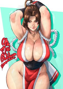 Rule 34 | 1girl, absurdres, arm guards, arms behind head, breasts, brown eyes, brown hair, cleavage, cowboy shot, english text, fatal fury, high ponytail, highres, japanese clothes, kimono, large breasts, nero undead, pelvic curtain, ponytail, revealing clothes, rope, seductive gaze, seductive smile, shiranui mai, sleeveless, sleeveless kimono, smile, the king of fighters, thick thighs, thighs, watermark, wrist guards