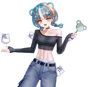 1girl absurdres animal_ears blunt_bangs blunt_ends braid braided_twintails character_request collarbone commentary_request copyright_request cowboy_shot creature crop_top cropped_shirt denim eruthu glint hand_up highres holding jeans korean_commentary linea_alba long_sleeves looking_at_viewer midriff mouse_ears mouse_girl multicolored_hair navel off-shoulder_shirt off_shoulder open_mouth panties pants panty_peek shirt short_hair simple_background sleeves_past_wrists standing striped_clothes striped_shirt toned toned_female underwear underwear_only white_background white_panties yellow_eyes