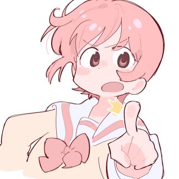 Rule 34 | 1girl, blush stickers, bow, bowtie, cropped torso, hand on own hip, highres, looking at viewer, nichijou, open mouth, pointing, pointing at viewer, red bow, red bowtie, red eyes, red hair, sailor collar, school uniform, short hair, simple background, solo, tachibana misato, tokisadame school uniform, upper body, white background, white sailor collar, wichimi