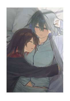 2girls black_hair blue_eyes blue_hair blue_shirt border breasts colored_inner_hair cuddling dual_persona highres honkai_(series) honkai_impact_3rd large_breasts long_hair lying misaki_d3su multicolored_hair multiple_girls on_back on_bed red_hair seele_(alter_ego) seele_vollerei seele_vollerei_(starchasm_nyx) shirt short_hair sleeping sleepwear smile two-tone_hair very_long_hair white_border yuri