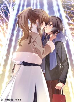 Rule 34 | 2girls, artist name, bag, black hair, brown hair, christmas, coat, commentary request, eye contact, highres, holding, holding bag, long hair, looking at another, miyagi shiori, multiple girls, official art, ponytail, scarf, second-party source, sendai hazuki, short hair, shuuniichido classmate wo kau hanashi, u35, yuri