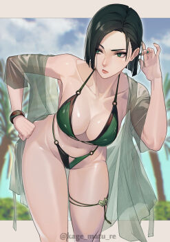 1girl absurdres beach bending bikini black_hair blunt_ends bracelet breasts cleavage closed_mouth cloud cloudy_sky collarbone day facing_viewer green_bikini green_eyes groin hair_behind_ear hand_on_own_hip highleg highleg_bikini highres jewelry kagematsuri looking_to_the_side medium_breasts nail_polish navel o-ring o-ring_bikini outdoors outside_border palm_tree short_hair sky solo swimsuit swimsuit_cover-up tree twitter_username valorant viper_(valorant)