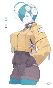 1girl blue_eyes blue_hair bodysuit breasts expressionless highres large_breasts open_fly short_hair shorts simple_background skin_tight tagme ub1mo white_background